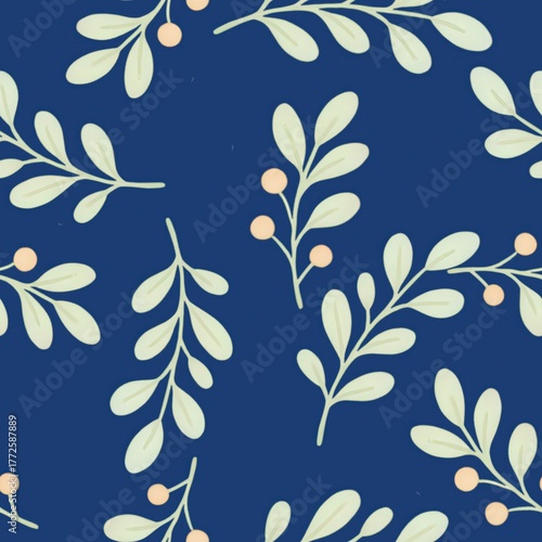 Seamless botanical pattern with leaves and berries on blue