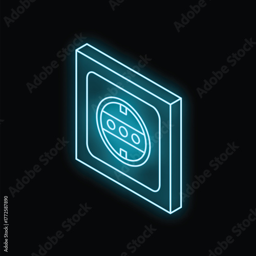 Neon blue isometric illustration of a european power socket glowing on a black background