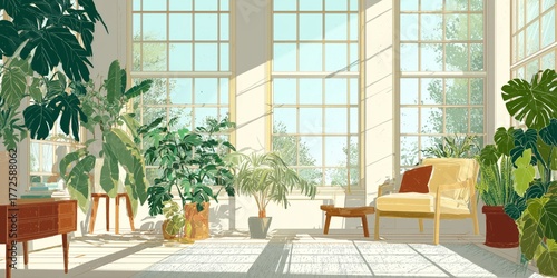 Bright living room filled with lush green plants and natural sunlight streaming through large glass windows. Cozy furniture and modern interior create a peaceful botanical atmosphere.