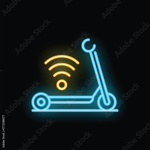 Neon icon depicting an electric scooter for rent with a wifi signal above, symbolizing its online connectivity