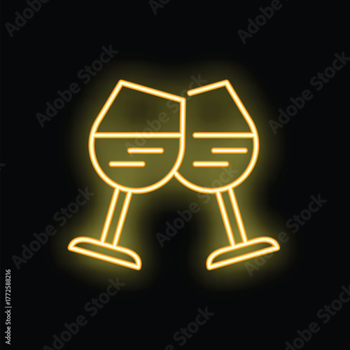 Neon sign of two wine glasses making a toast on black background