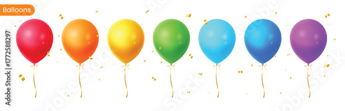 Colorful party balloons with golden ribbons and confetti isolated on white background. Festive decoration for birthdays, celebrations, and events.