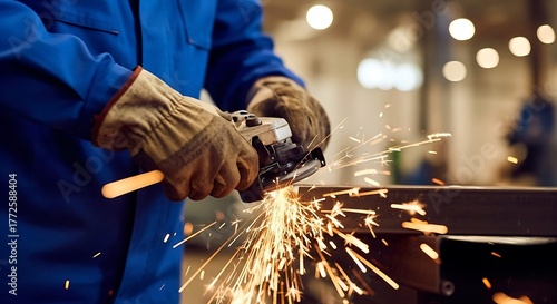 Industrial worker cutting metal with grinder