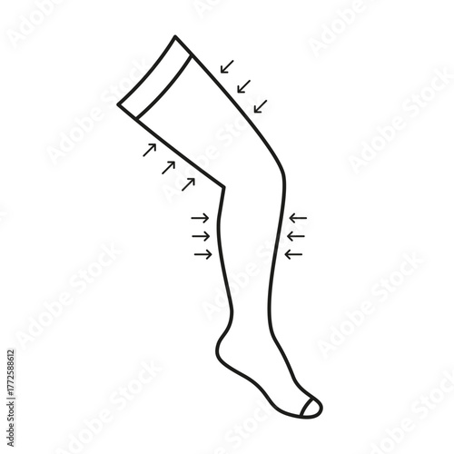 Compression stocking, socks on leg with arrows, line icon. Treatment varicose veins on foot. Medical therapy, rehabilitation clothes. Vector linear illustration