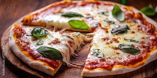 A freshly baked Margherita pizza with fresh basil leaves, melted cheese, and tomato sauce on a wooden cutting board, set against a rustic wooden table with a dark brown finish.