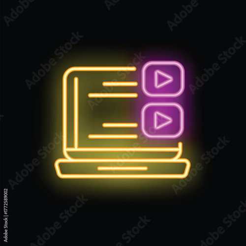 Neon laptop displaying a video playlist with glowing play buttons, symbolizing online entertainment and streaming services