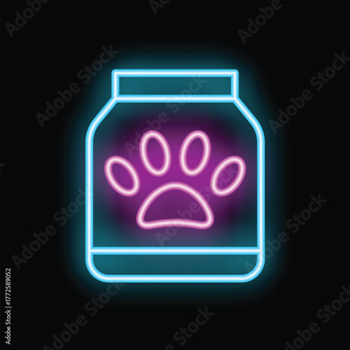 Glowing neon icon of a pet food container with a paw print, suggesting pet care and supplies
