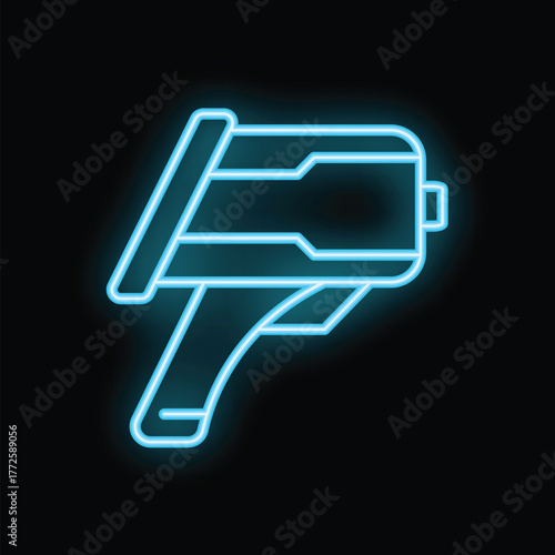Bright blue neon icon of a futuristic blaster pistol glowing on a dark background, perfect for a game design or cyberpunk project
