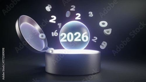 Hand opening a metallic time capsule labeled 2026 revealing a glowing orb with floating numbers, mysterious loop
