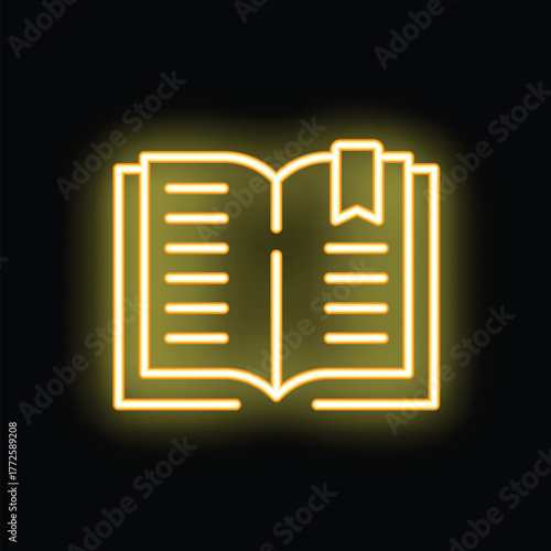 Simple yellow neon icon of an open book with a bookmark glowing on a black background