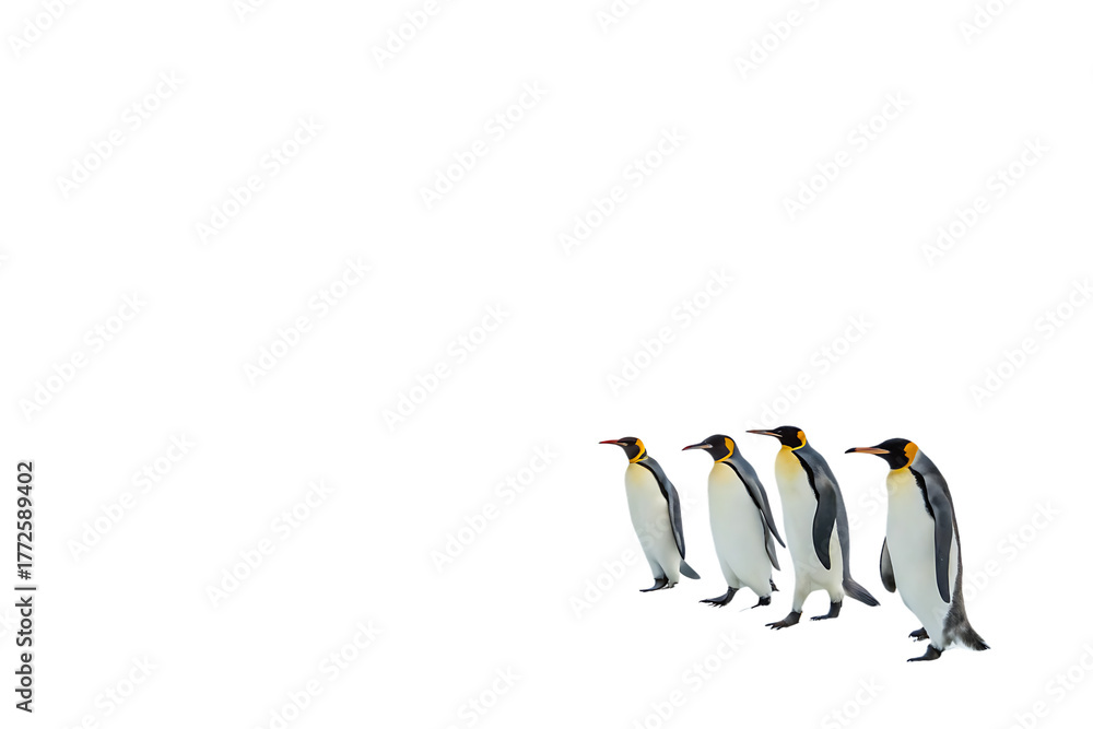 Obraz premium Four emperor penguins standing together isolated on transparent background