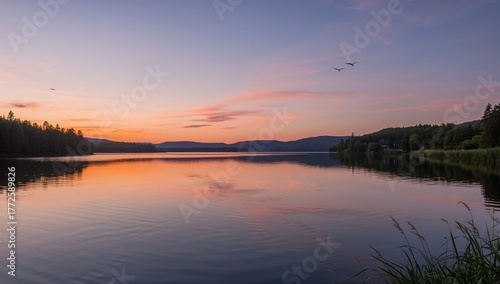 Wallpaper Mural Romantic sunset casting reflections on a tranquil northern lake Torontodigital.ca