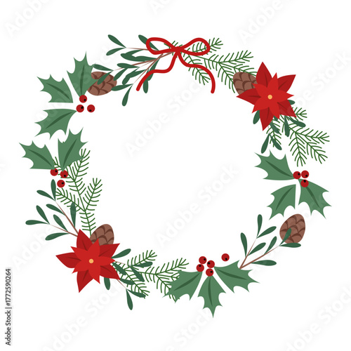 Vector decorative christmas floral wreath with mistletoe, holly and coniferous branches on black background