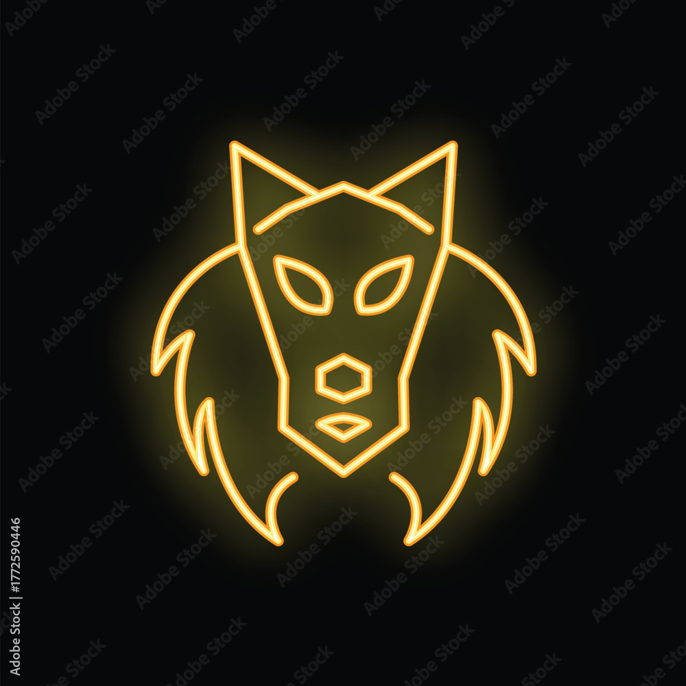 Fototapeta premium Neon sign representing the head of a wolf, looking forward, with glowing yellow neon on a black background