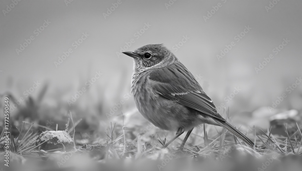 Fototapeta premium Black and white image of a contemplative bird, focus on isolation