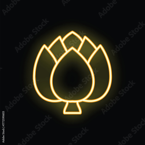 Glowing yellow neon icon of an artichoke is isolated on black background