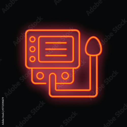 Glowing neon icon of a medical device measuring blood pressure showing heart rate