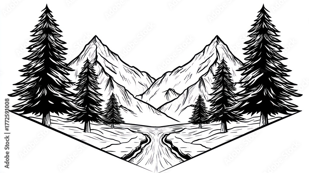 Fototapeta premium Monochrome mountain landscape with trees and river vector illustration