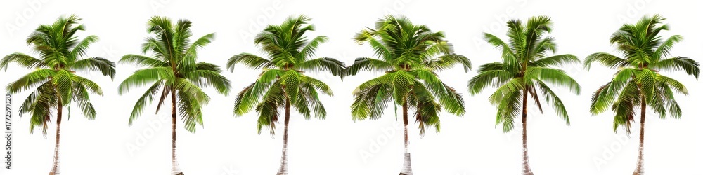 Fototapeta premium Six Coconut Palm Trees Standing Tall Against a Bright White Background in a Tropical Paradise Island Scene