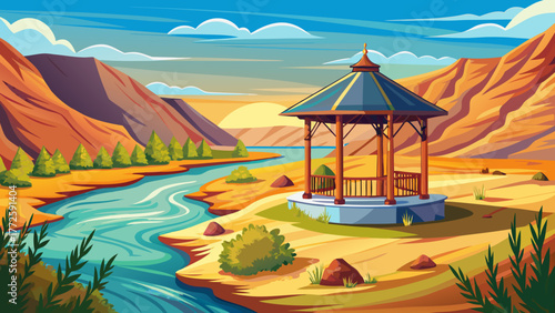 Very beautiful small gazebo along the Wenatchee River at Wenatchee River County Park in Monitor, Washington, USA, surrounded by high desert scenery, calm river waters, and golden grasslands under clea