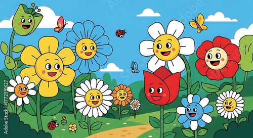 Cheerful 2D Vector Illustration of Smiling Anthropomorphic Cartoon Flowers in a Garden