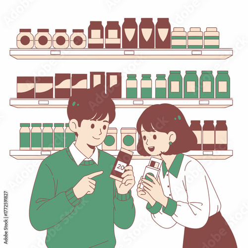 Two people examining medicine products in a pharmacy store.