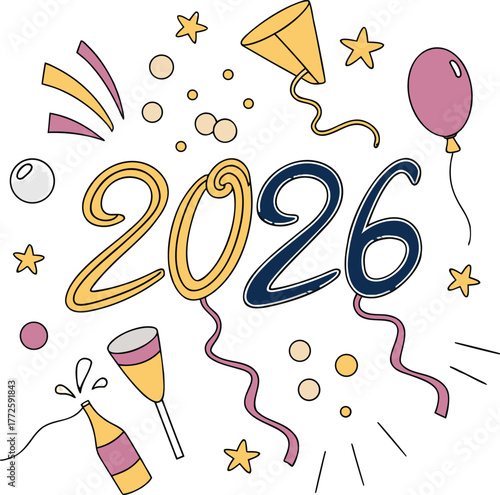 Festive 2026 new year doodle with balloon and confetti isolated on white background