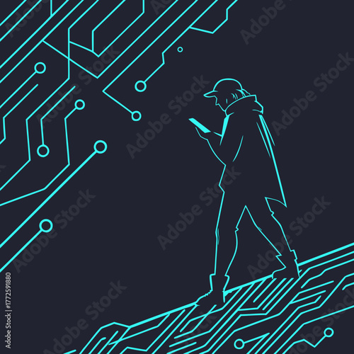 A lone figure silhouetted against a dark background engrossed in a smartphone walks on a vibrant blue circuit board pattern representing technology and digital connection