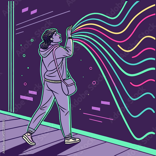 A person in casual athletic wear walks along a sidewalk reaching out to touch colorful flowing lines of light emanating from a dark abstract background