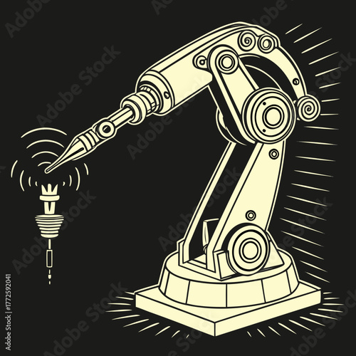 A stylized illustration of a robotic arm with a pointed tool at its end emitting concentric waves hovering over a small intricate object set against a dark background with radiating lines