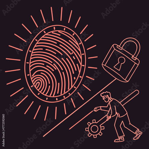 A stylized illustration depicts a person using tools to secure a fingerprint with a padlock symbolizing digital identity protection and biometric security measures
