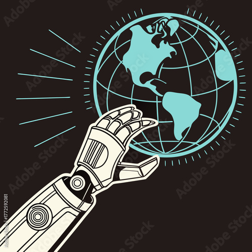 A stylized robotic hand delicately holds a glowing blue outline of the earth symbolizing global technology and artificial intelligence impacting the planet