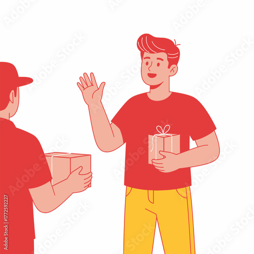 Man receives gift box from delivery person waving hand happily.