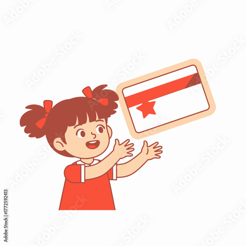 Excited Girl Reaching for a Gift Card with Star and Ribbon.