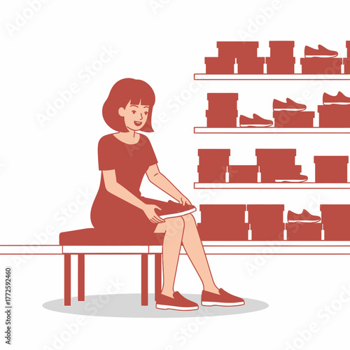 Woman sitting on bench trying on shoes in store.
