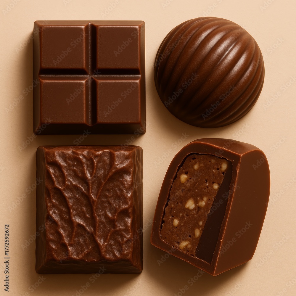 Obraz premium A close-up of artisanal chocolate pieces arranged in a grid. Gourmet confectionery assortment with various textures and a nutty filling