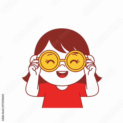 Cute cartoon girl wearing big round glasses and smiling.