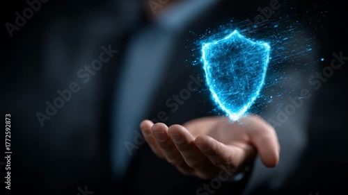 Glowing digital shield of light hovering over an open palm