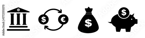 Financial and money icon set vector including bank, currency exchange, money bag, and piggy bank for business and savings