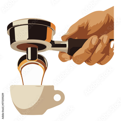 Hands making espresso pouring into small cup coffee.