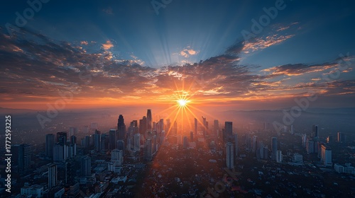 Breathtaking, photorealistic aerial view of a city skyline at sunrise. The sun creates a brilliant starburst effect behind the iconic skyscrapers.