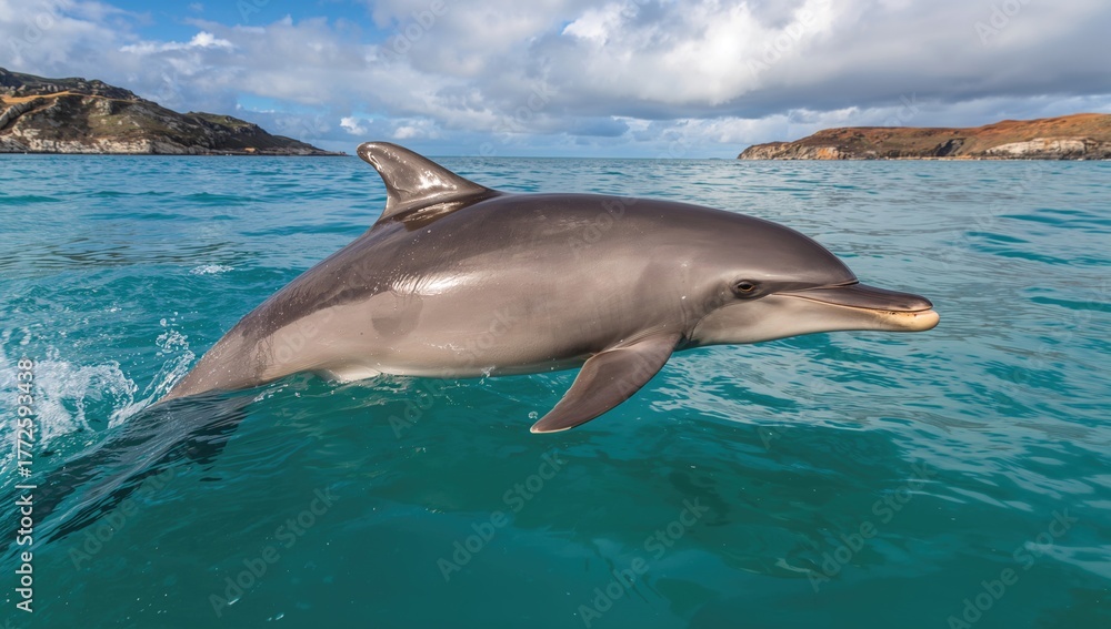 Fototapeta premium Dusky dolphin (Lagenorhynchus obscurus) jumping out of the ocean