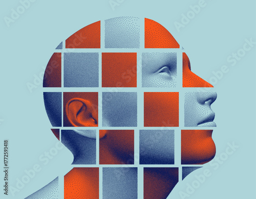The face is made up of fragments. Mosaic. A concept in psychology. Time to think. Abstract digital human head. 3d vector illustration for business presentation, flyer or poster.