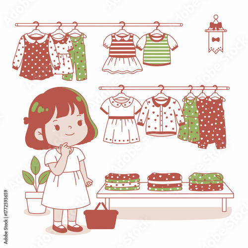 A young girl thoughtfully considers her clothing options at a boutique.