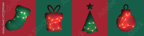 Christmas vector illustration with glowing garlands on cutout shapes of tree, bauble, gift, and stocking in red and green colors. Elegant festive background for holiday greeting or winter design.