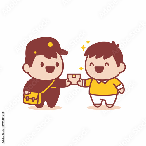 Cute cartoon postman delivering small package to happy customer.