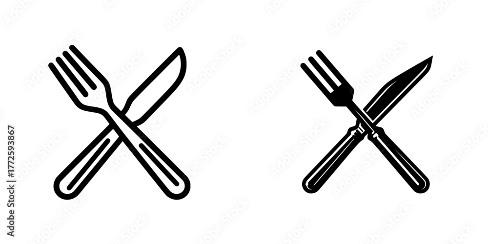 Fototapeta premium Modern crossed fork and knife icon symbolizing restaurant and dining, presented as a black outline silhouette on a white background