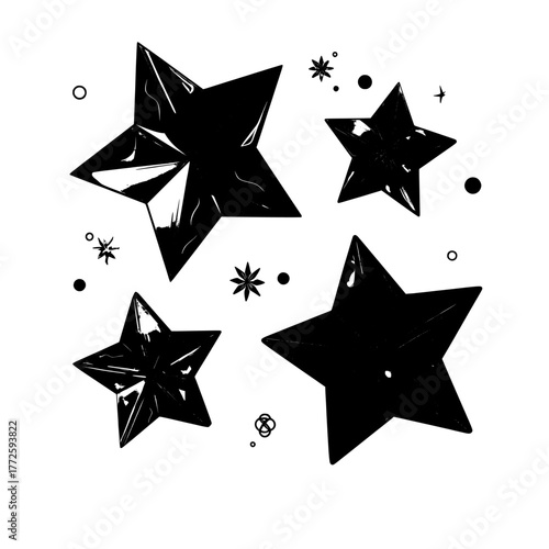 Iridescent purple and pink geometric shapes with a glossy gradient finish are central to the holographic 3D stars collection, which also includes metallic star symbols and retro Y2K style decorative