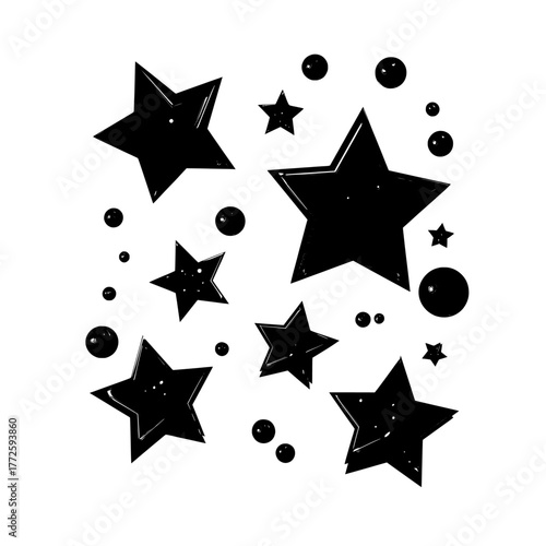 Y2k chrome stars are set isolated on a transparent background in a modern realistic illustration that features abstract 3d silver elements, liquid mercury bubbles, and shiny steel geometric figures