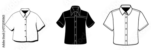 The template for a woman's fashion design features a short, cropped shirt jacket with a collared, buttoned, darted, and tailored short sleeve